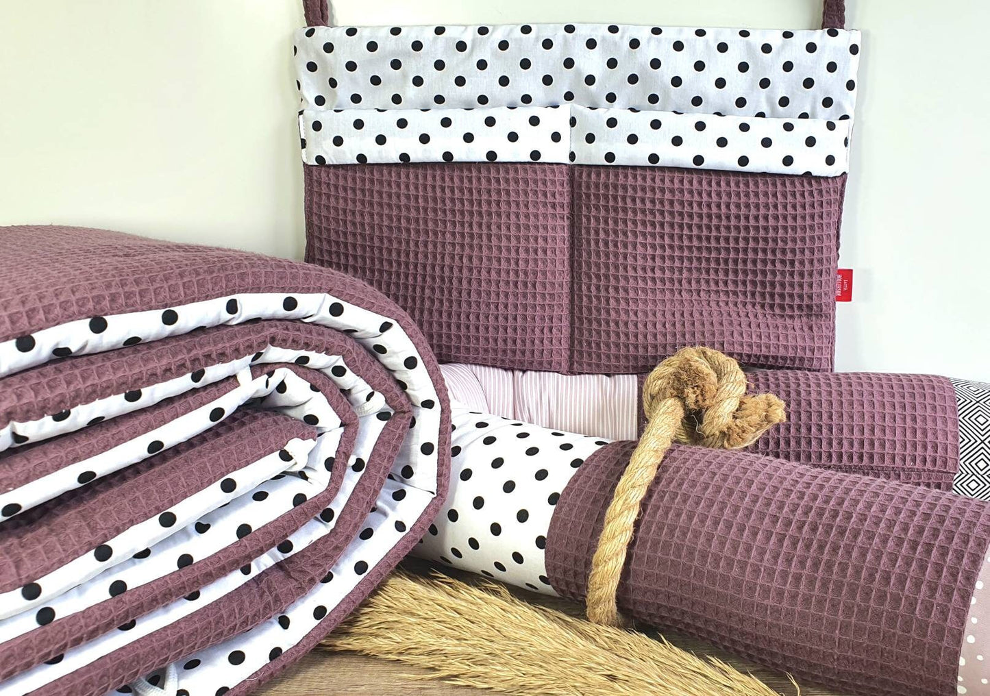 BETTUTENSILO aus Waffelstoff - praktische BETTTASCHE - Wandutensilo - Utensilo für Wickeltisch - Babybett und Laufstall - Organizer MAUVE