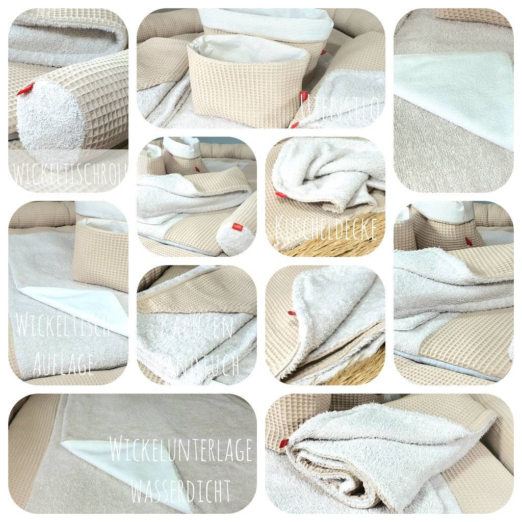 Babydecke Waffelpiqué / Kuscheldecke Waffelstoff / Personalisierbar mit Namen / Kinderwagendecke / Geschenk Geburt / Taupe Punkte weiß grau