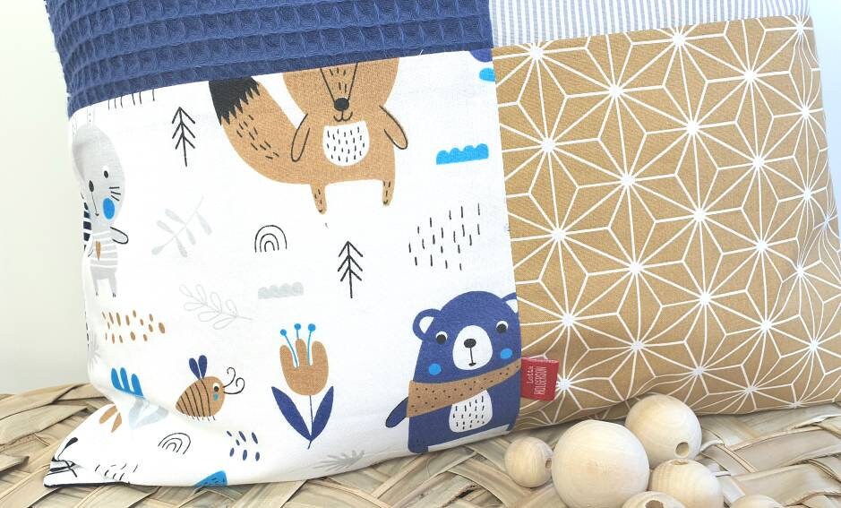 PATCHWORK - KISSENHÜLLE - Kissen mit Namen - Kinderkissen - Kissen Baby personalisierbar - Kuschelkissen - WALDTIERE  darkjeans senf